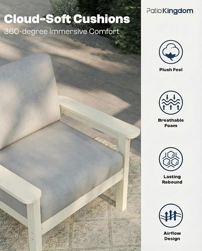 Patio Furniture Set 3 Seats, HDPE Outdoor Sectional with Washable Gray Thick Cushions, Coffee Table & Side Table, Patio Conversation Sets for Lawn, Garden, Porch, Balcony (White Frame)