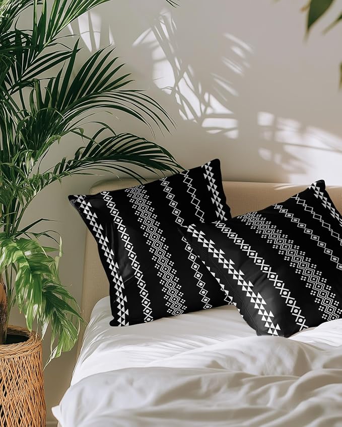Outdoor Waterproof Throw Pillows 18x18in, Traditional Tribal White Diamond Patio Pillows Pack of 2, Decorative Pillow Covers with Insert, Pillow Cushion Case for Garden Boho Geometric on Black