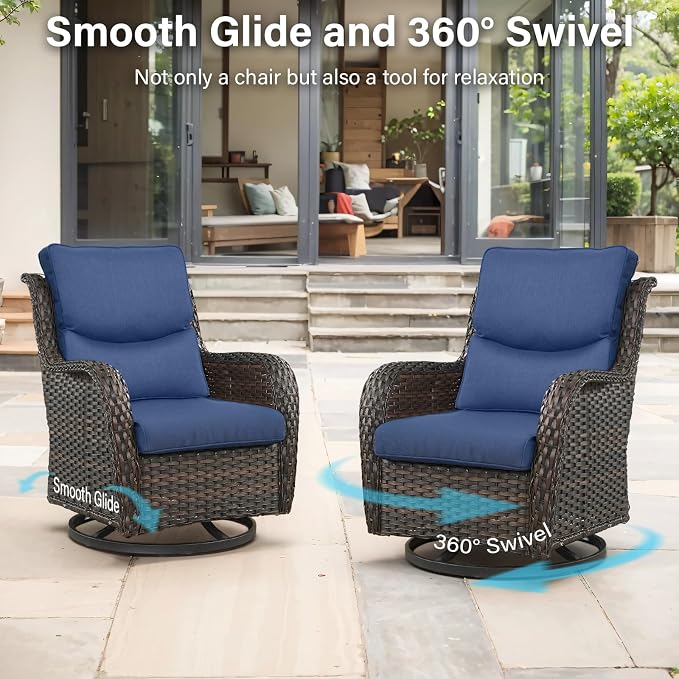 Outdoor Swivel Rocker Patio Chairs Set of 4 with Coffee Table - 5" Thick Cushion 8 Piece Furniture Set All Weather Comfortable Wicker Conversation Set for Porch Deck - Brown/Blue