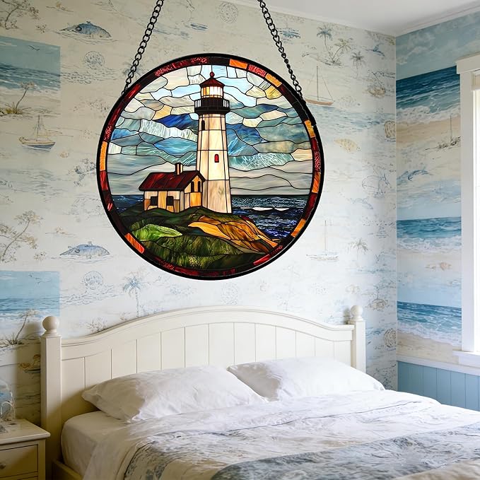 DASTOLL Stained Glass Window Hanging, Ocean Lighthouse Sun Catchers Glass Panel Blue Green Suncatcher Decor for Birthday for Women, Men, Wife, Aunt, and Mom 11.8 in