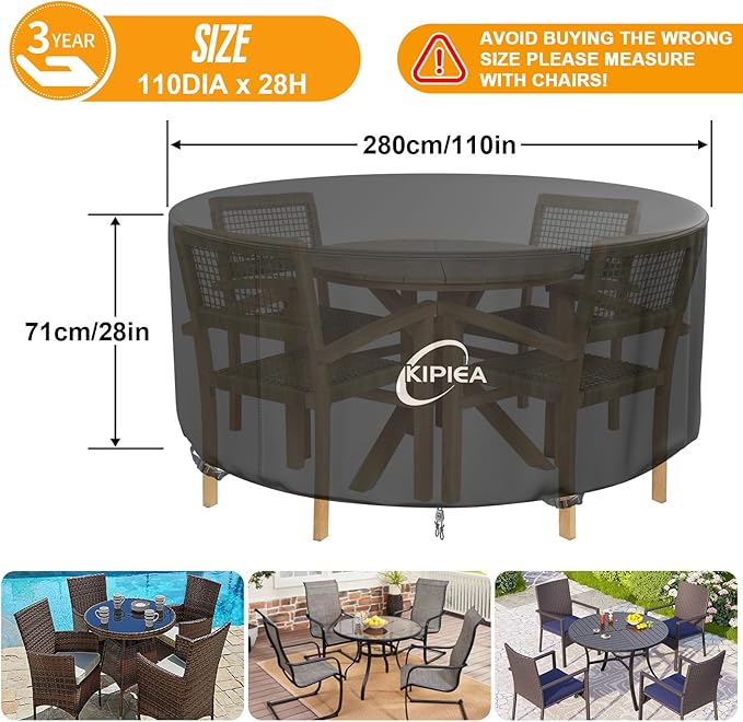 Kipiea Round Patio Table Cover Waterproof, Heavy-Duty Round Patio Furniture Covers, No Tears Anti UV No Fading (110" Dia x 28" H)
