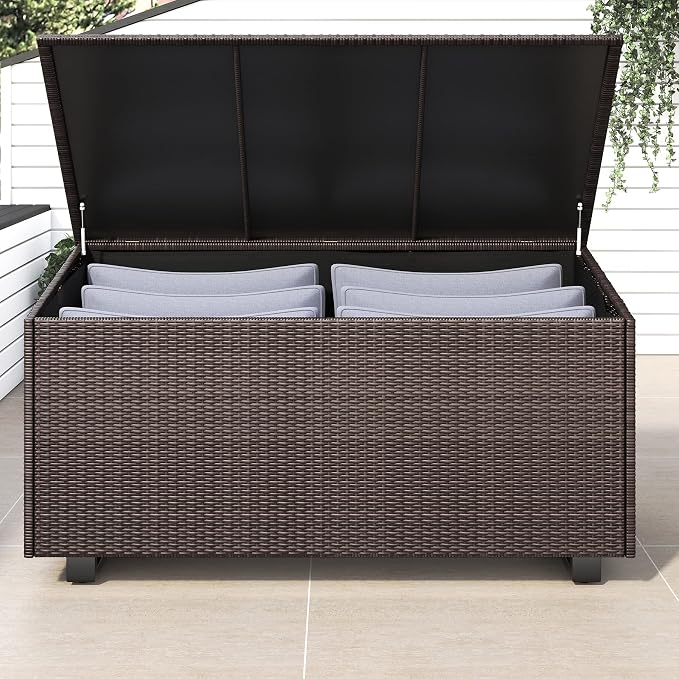 Lepus Large Outdoor Waterfroof Deck Box, 210 Gallon Rattan Deck Storage Box with Built-in Waterproof Bag for Seat Cushion on Patio Garden, Poolside (210, Brown)