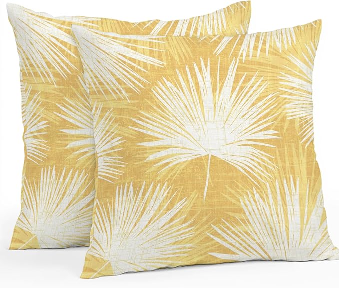 Throw Pillow Covers 18x18 Inch Set of 2, Yellow Palm Leaves Coastal Waterproof Outdoor Pillow Covers, Summer Tropical Botanical Boho Decorative Cushion Pillowcases for Couch, Sofa, Bed, Garden, Patio