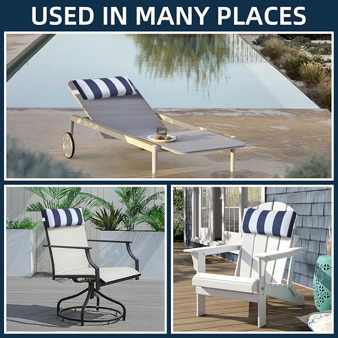 Outdoor Pillow for Chaise Lounge Chair, 2pcs Striped Chaise Lounge Pillows, Adjustable Strap Head Lumbar Pillow for Patio Pool Beach Office, Navy