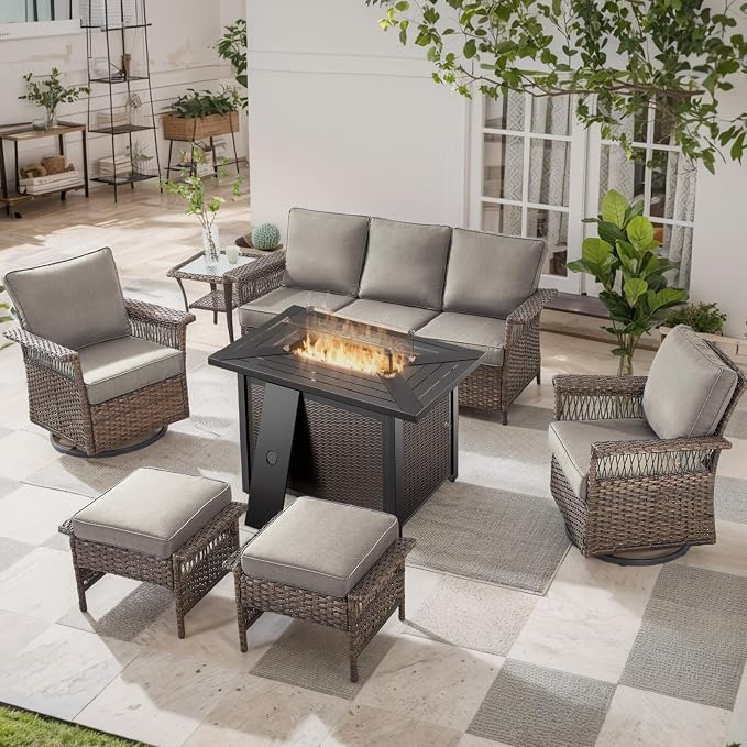 Patio Furniture Set with Fire Pit Table, 7PCS Patio Conversation Set Brown Resin Wicker Swivel Patio Chair Sofa Ottoman Set with Side Table and Fire Table PE Rattan Furniture Set