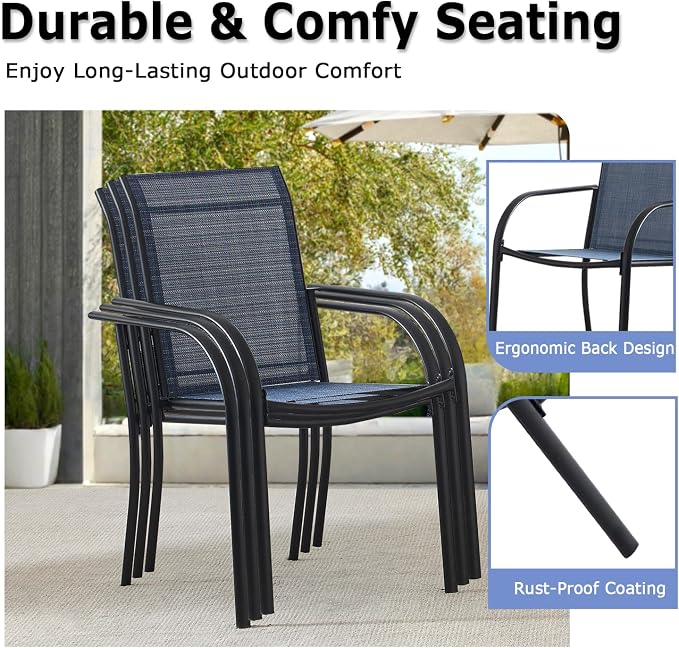 5 Piece Patio Dining Set for 4, 42” Black Round Table with Umbrella Hole and 4 Dark Blue Patio Stackable Chairs, Patio Table and Chairs for Backyard, Lawn, Deck & Garden
