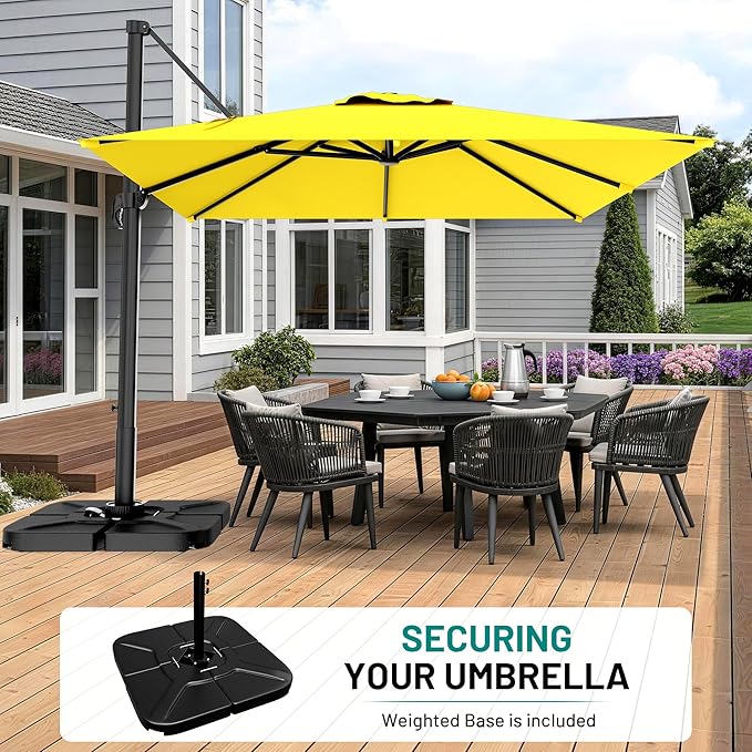 AreShark 11FT Round Cantilever Patio Umbrella with Base Included, 360° Rotation Offset Outdoor Umbrella, 5 Tilt Settings Heavy Duty Hanging Parasol for Deck Garden Pool, Yellow