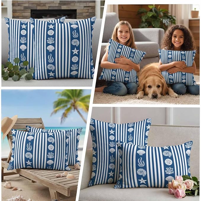 Striped Outdoor Waterproof Throw Pillow Covers Set of 2, 20"x12", Ocean Navy Blue Starfish Shell Jellyfish Coral Decorative Pillow Covers Outside Cushion Case for Patio Porch Garden