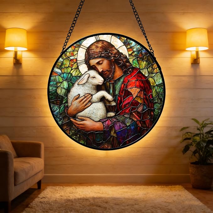 DASTOLL Stained Glass Window Hanging, Jesus Little Lamb Sun Catchers Colorful Glass Panel Christianity Suncatcher Decor for Birthday for Women, Men, Wife, Aunt, and Mom 11.8x11.8 in