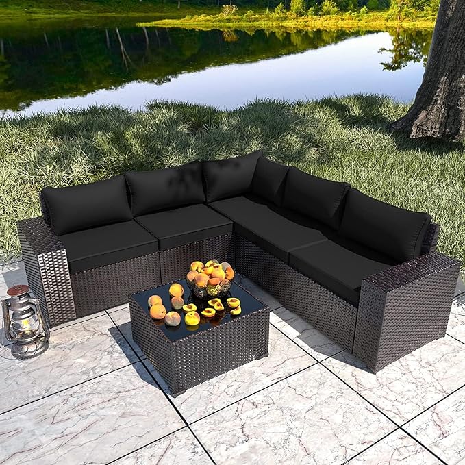 6 PCS Outdoor Patio Furniture Set,Outdoor Sectional Furniture All Weather PE Rattan Wicker Patio Conversation Set with Coffee Table and 5 Thickened Cushions,Black