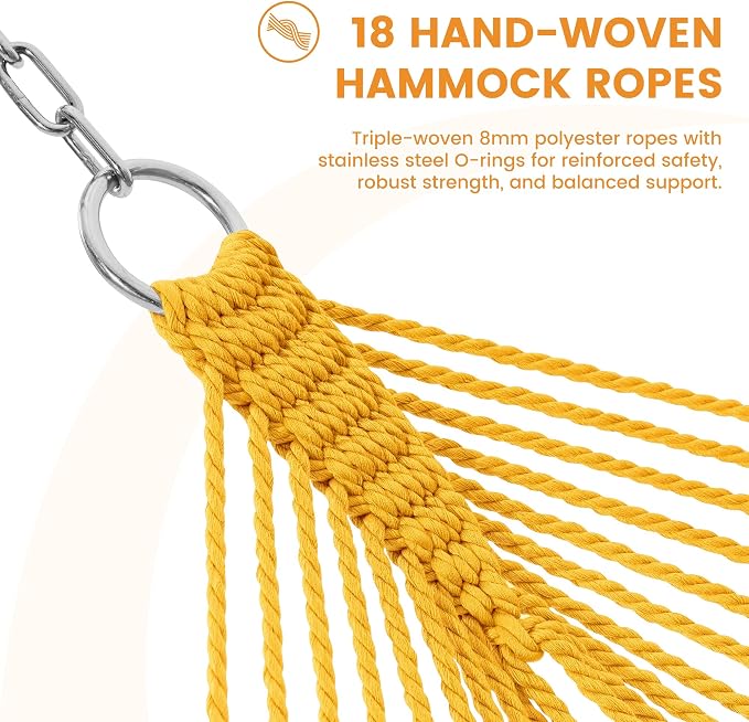Lazy Daze Hammocks 10.5 FT Double 2 Person Caribbean Rope Hammock, Hand Woven Polyester Hammock with Spreader Bars, for Outside Outdoor Backyard Patio Poolside, 450 LBS Capacity, Yellow