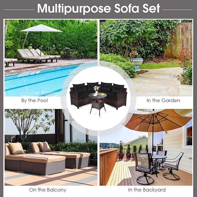 COSTWAY 4-Piece Patio Furniture Set, Wicker Rattan Sofa with Cushions and Coffee Table, Outdoor Sectional Conversation Sofa Set for Poolside Backyard Lawn Backyard (Black)