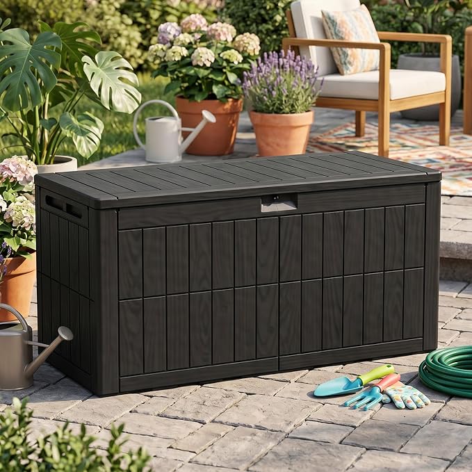 Outdoor Storage Box Water Proof Resin Deck Box Lockable Storage Bin for Cushion Patio Furniture Black
