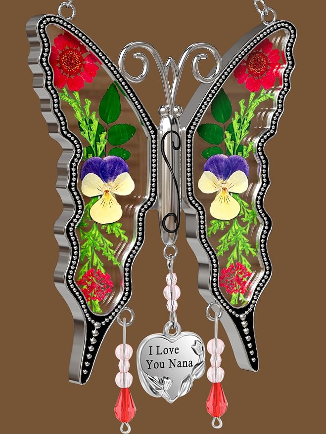 KY&BOSAM Nana Gifts Butterfly Stained Glass Suncatcher Windows Hanging | I Love You Nana Charm Sun Catchers Wind Chimes Ornament,Metal,Pressed Flowers and Glass,Mothers Day Gifts for Nana Christmas