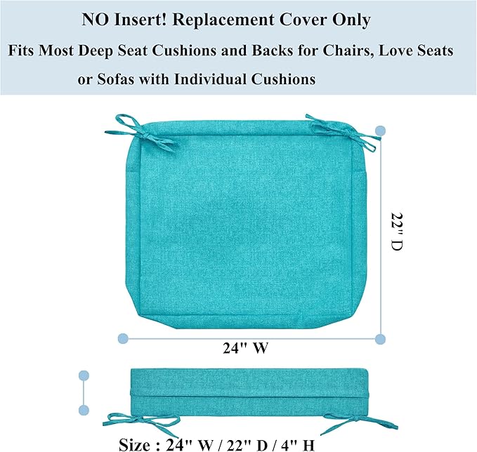 FUNHOME 2 Pack Outdoor Cushion Slipcovers 24" x 22" x 4", No Insert! Water-Resistant Patio Chair Seat Cushion Covers with Zipper and Tie, Replacement Cover Only(Aqua Blue)