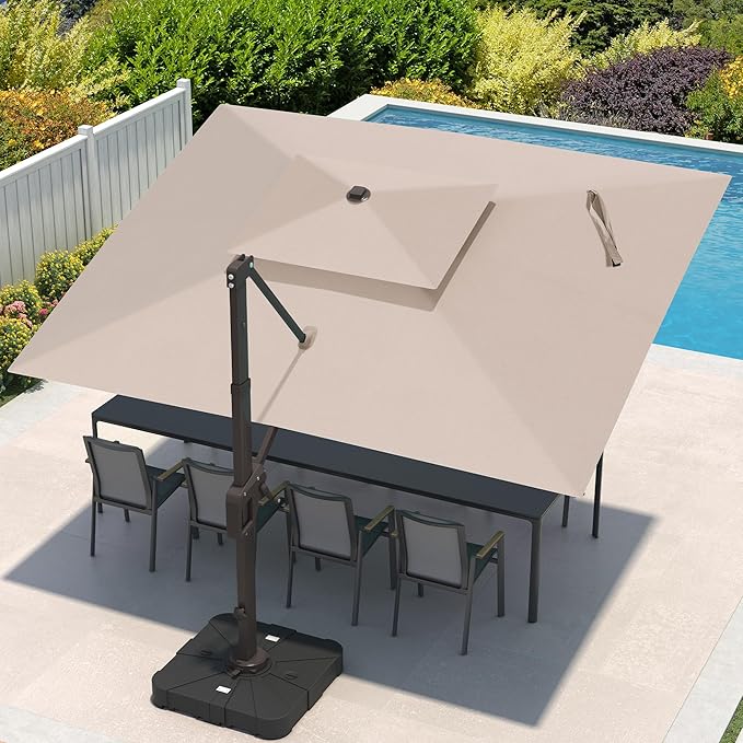 9x12 FT Cantilever Patio Umbrella with Led Lights Double Top Outdoor Rectangular Large Heavy Duty Aluminum Offset Umbrellas with 7 Level Tilt 360-degree Rotation for Pool Garden Deck, Beige
