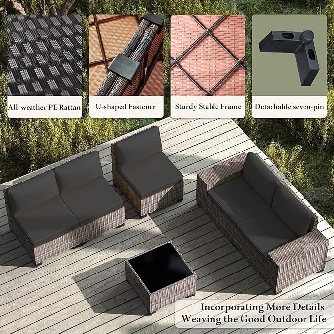 6 PCS Outdoor Patio Furniture Set,Outdoor Sectional Furniture All Weather PE Rattan Wicker Patio Conversation Set with Coffee Table and 5 Thickened Cushions,Black