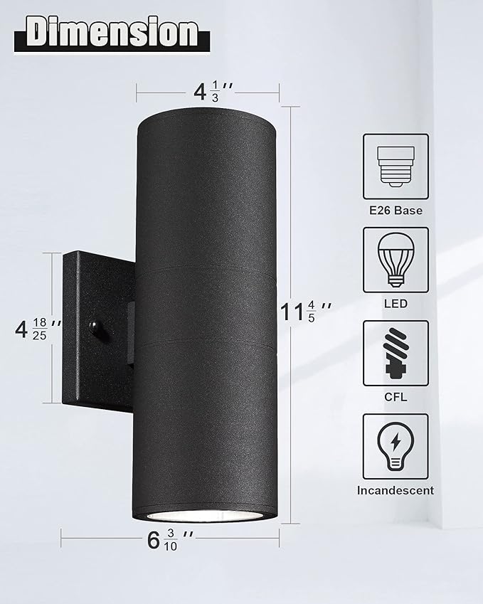 Ken & Ricky Cylinder Outdoor Wall Sconce Lights,Up and Down, Black, 1 Pack | Aluminum Waterproof Outdoor Wall light,No Glare,Exterior Lighting Fixtures,E26 Base，For Porch House Garage Front Door Patio