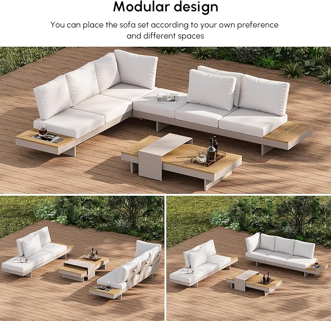 homary 4-Piece Modular Outdoor Sofa Set, Aluminum & Teak Patio Conversation Set with 600D Waterproof Covers, Adjustable Backrests, Fade-Resistant Cushions for Patio, Balcony, Deck