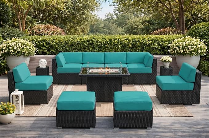 Fully Assembled 11 Piece Outdoor Aluminum Wicker Patio Furniture with Turquoise 6-inch Rainshield Waterproof Cushions, Oversized Seats and 42-inch Fire Table
