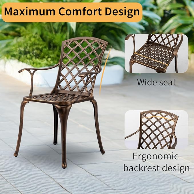 VINGLI 5 Pieces Outdoor Patio Dining Set, Cast Aluminium Patio Furniture Set with 4 Chairs and 1 Umbrella Table for Yard, Garden, Porch and Poolside, Bronze (Square Table)