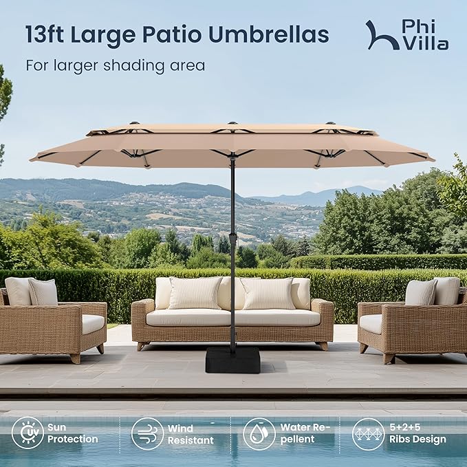PHI VILLA 13ft Large Patio Umbrellas with Base Included, 2-Tier Double-Sided Outdoor Market Rectangle Umbrella for Outside, Beige&Tan