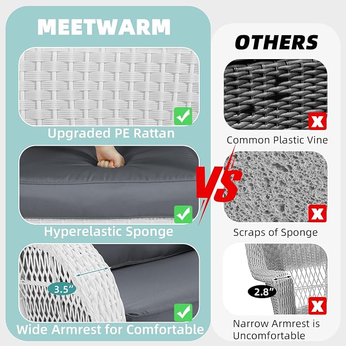 MEETWARM 4 Pieces Outdoor Wicker Patio Conversation Sets with Glider Loveseat, 2 Chairs with Coffee Table Wicker Rocking Glider Set, Rattan Conversation Set with Thickened Cushions, White/Grey