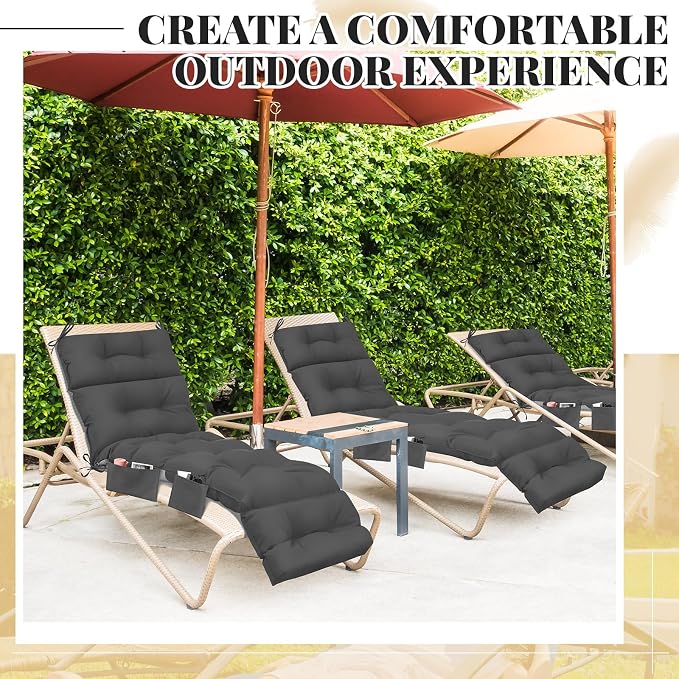 Kigley Outdoor Chaise Lounge Cushions with 3 Side Pocket 74.5 x 22 x 4.7 Inch Patio Chaise Lounge Cushion, Water-Repellent and Fade-Resistant Tufted Summer Replacement(2 Pcs,Dark Gray,Solid Color)