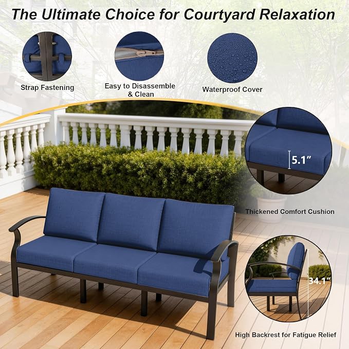 Gotland Aluminum Patio Furniture Set with Fire Pit Table, Metal Patio Furniture with 2 Swivel Rocking Chairs Waterproof 5.1'' Seat Cushions, Oversized Outdoor Sectional for Garden Balcony Porch Navy