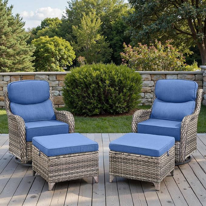 Swivel Patio Chairs Sofa Set of 4 with 6" Thick Cushion - Wicker Outdoor Swivel Rocker Patio Chair with Side Table, High Back Comfortable Outdoor Glider Chairs - Grey Wicker | Blue Cushions