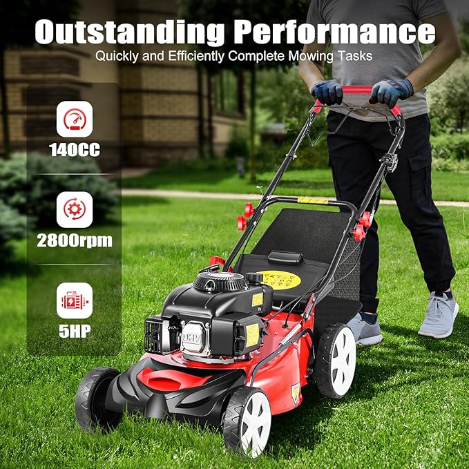 140CC 4-Stroke Self Propelled Gas Lawn Mower, 5HP High Wheel FWD Gas Walk Behind Lawn Mower, 8 Position Height Adjustment, OHV Gasoline Engine with 15.9Gal Grass Bag for Garden Yard Lawn Care