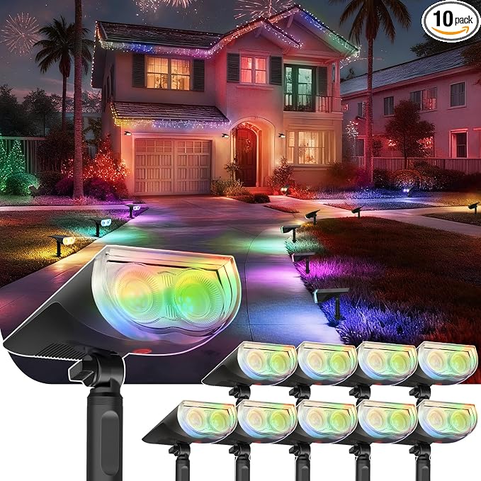 Linkind RGB Solar Spotlights Outdoor Waterproof 9 Modes Multicolor 10 Pack | StarrayS Mini, 9 Color Changing Modes, IP65, Adjustable Head, for Holiday House Decor Landscape Garden Yard Tree Flag Patio