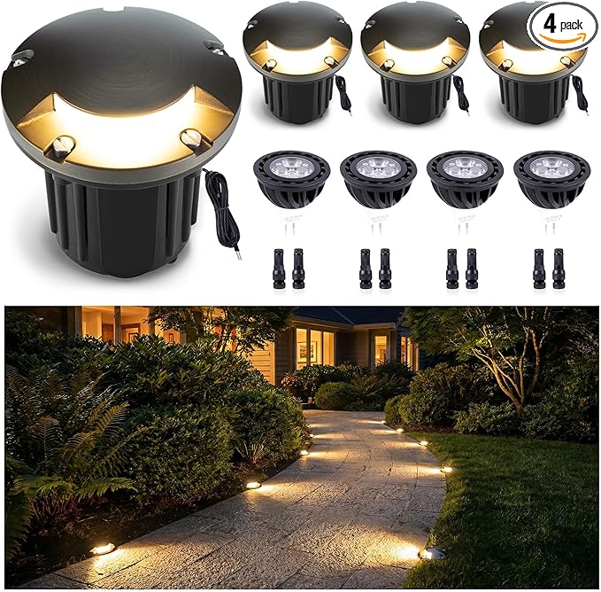 Gardenreet Outdoor Low Voltage Well Lights - Brass 12V Low Voltage Replaceable MR16 Bulb In-Ground Lighting, LED Turret Top Fixture, Antique Bronze for Patio Backyard House with 2700K Warm White