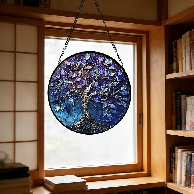 DASTOLL Stained Glass Window Hanging, Blue Purple Tree of Life Sun Catchers Colorful Glass Panel Plants Suncatcher Decor for Birthday for Women,Men,Wife, Lovers, and Mom 6.3 in