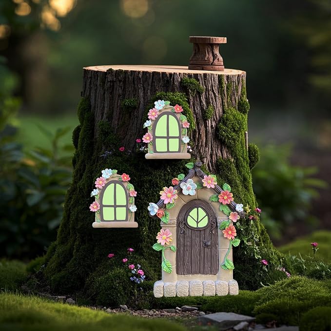 FESTGLOX Fairy Garden Door and Windows for Trees Outdoor, Glow in The Dark | Fairy Garden Door House Kit Miniature Accessories for Tree Trunk, Gnome, Outdoor Yard, Stump, Lawn