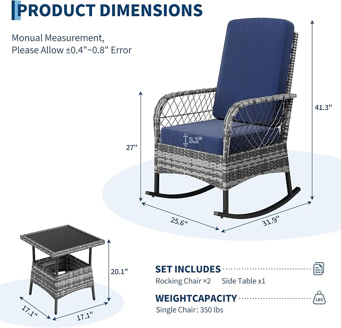 3 pcs Outdoor Rocking Bistro Set, Wicker Rocking Bistro Set with Thick Cushions, Outdoor Rocker Chairs and Coffee Table for Porch, Backyard or Garden (Gray&Blue)