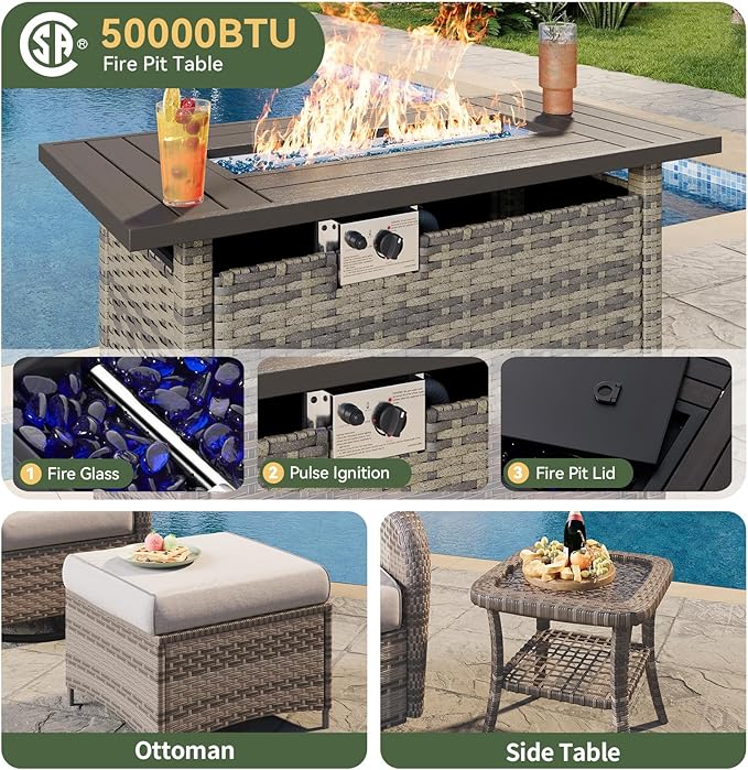 Aoxun 10-Piece Patio Furniture Set with 44” Fire Pit Table, Wicker Rattan Outdoor Sectional Sofa with High Back Swivel Rocker Chairs, Outdoor Patio Furniture Set with Thick Cushions & Ottoman, Grey