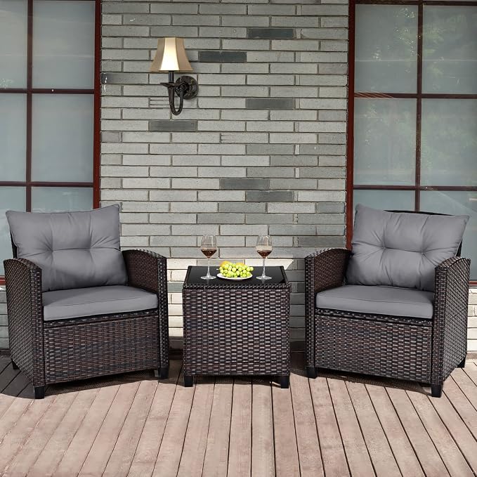 3-Pieces Patio Furniture Set, PE Wicker Chairs Sofa Set with Removable Cushions & Glass Top Side Table, Outdoor Wicker Rattan Conversation Chair for Porch,Backyard, Balcony (Grey)