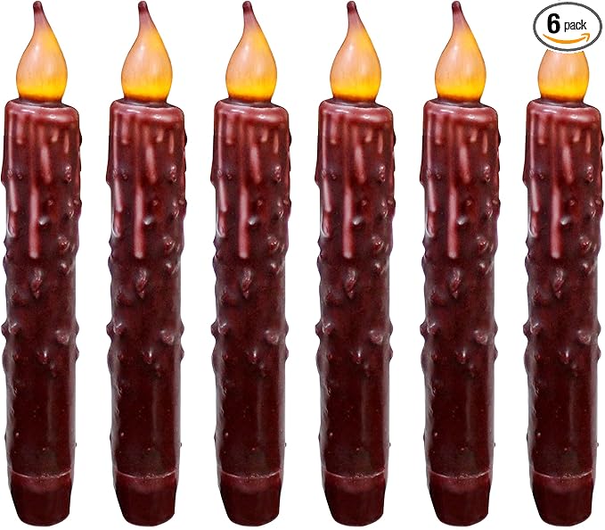 CVHOMEDECO. Real Wax Hand Dipped Battery Operated LED Timer Taper Candles Rustic Primitive Flameless Lights Décor, 6-3/4 Inch, Burgundy, 6 PCS in a Package