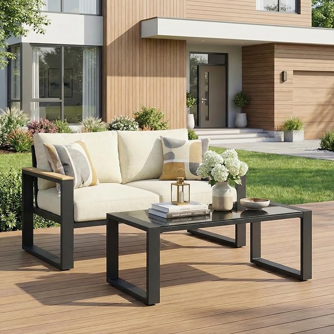 RoyalCraft Aluminum Outdoor Patio Furniture Set with Height-Adjustable Footrest, 2 Pieces All-Weather Patio Sofa Sets with Coffee Table for Porch Backyard Garden Patio, Beige