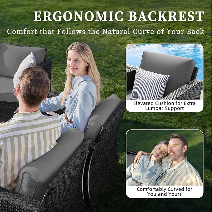 UDPATIO Patio Furniture Set, 6 Pieces Outdoor Furniture Sets with Rocking Swivel Chairs, Wicker Rattan Outdoor Conversation Set with Storage Table and Waterproof Covers for Backyard, Deck, Porch, Grey
