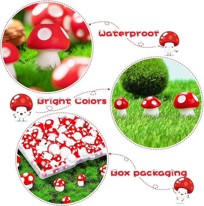 180pcs Miniature Mushrooms, 3 Size, Red | Tiny, Cute, Fairy Garden, Mini Resin Figurines, Cake Topper Statue Decoration for Bonsai Micro Landscape Garden Craft