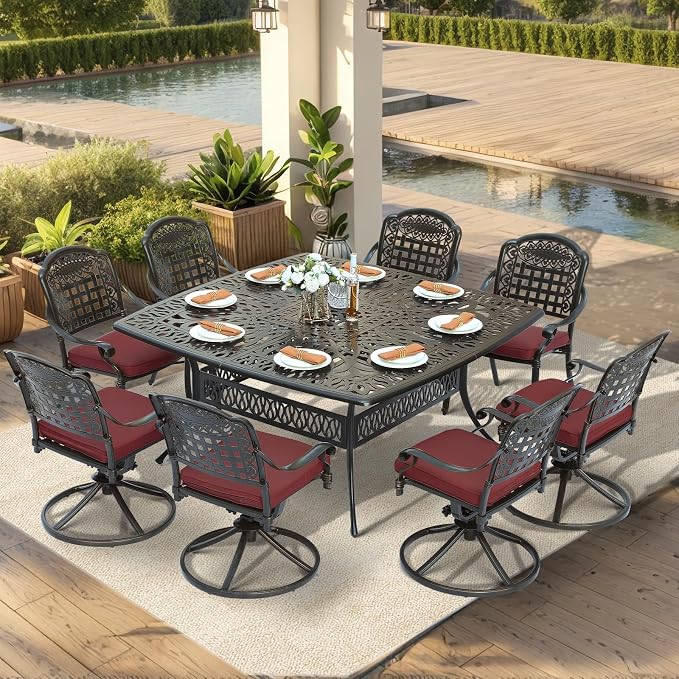 VIVIJASON 9-Piece Outdoor Dining Set, Cast Aluminum Patio Table & Chair Furniture Set for 8, Include Large 64" Square Dining Table, 4 Swivel Rocker Chairs, 4 Stationary Chairs, Umbrella Hole, Red
