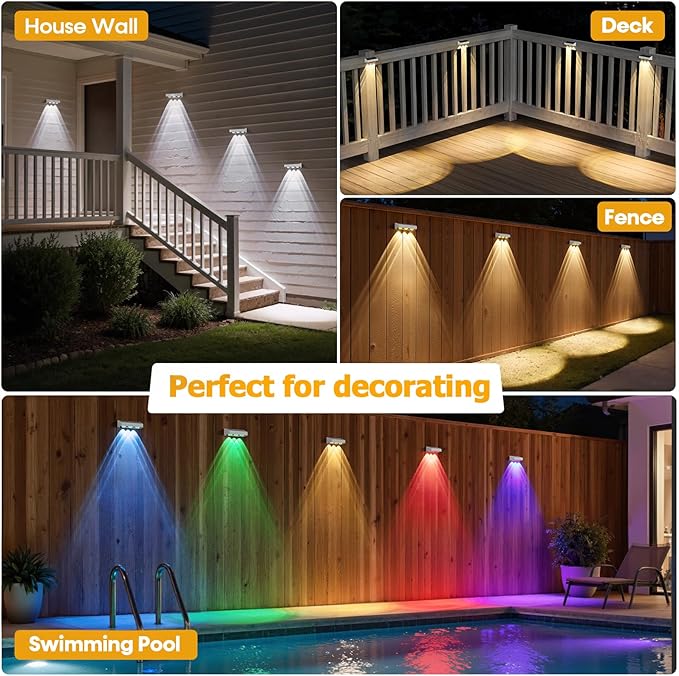NIORSUN Solar Fence Lights,8 Pack Solars Deck Light,RGB Color,Outdoor Bulb Waterproof Led IP65,Power Patio Lamp with Lenses for Outside/Backyard/Railing/Yard(White)