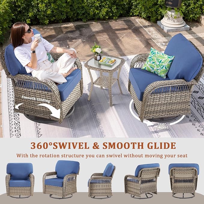 5 PCS Patio Furniture Set Outdoor Sectional Sofa Couch with Rocking Swivel Chairs 5" Deep Seat Chairs, Modern Wicker Rattan Conversation Set, Blue/Gray Wicker