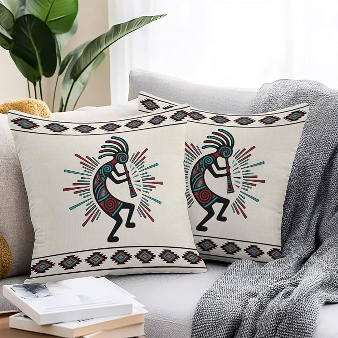 Boho Southwest Waterproof Outdoor Throw Pillow Covers 16''x16'' Pack 2, Aztec Ethnic Native Human Ethnic Plaid Pillow Cases Throw Cushion Cover with Zipper, Washable Pillowcase for Poolside Sofa