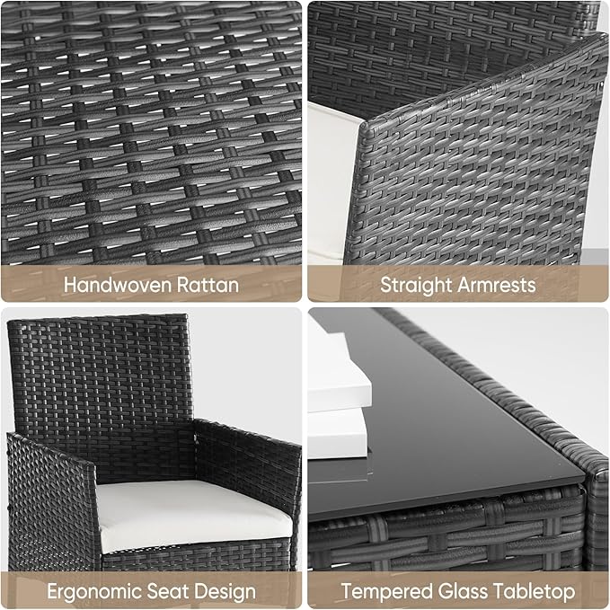 DUMOS 4 Piece Patio Furniture Set, All-Weather Outdoor Wicker Conversation Set with Removable Cushions & Tempered Glass Coffee Table, for Porch, Balcony, Lawn, Backyard Black