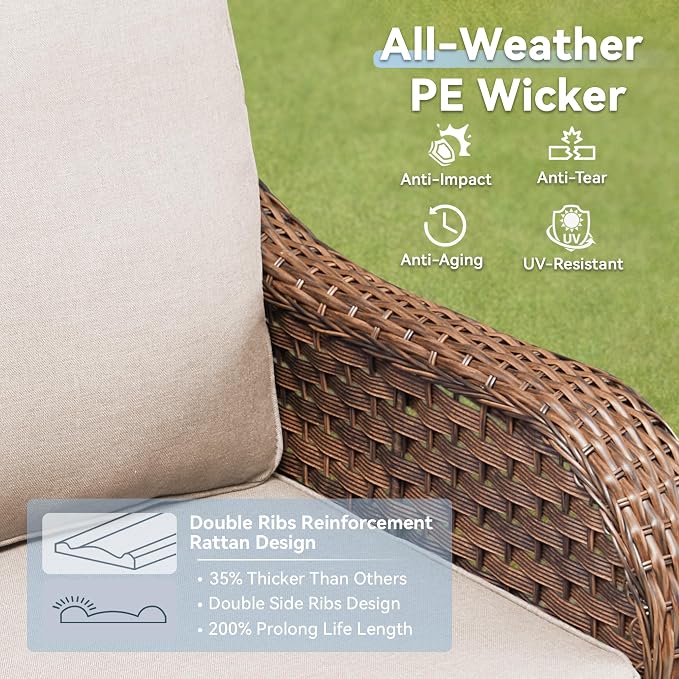 Outdoor Wicker Sofa & Coffee Table Set, 2 PCS Patio Sofa with 4" High-Resilience Cushions, Ergonomic Curved Armrests & 300lb Heavy Duty Frame for Small Spaces, Porch, Balcony, Blue