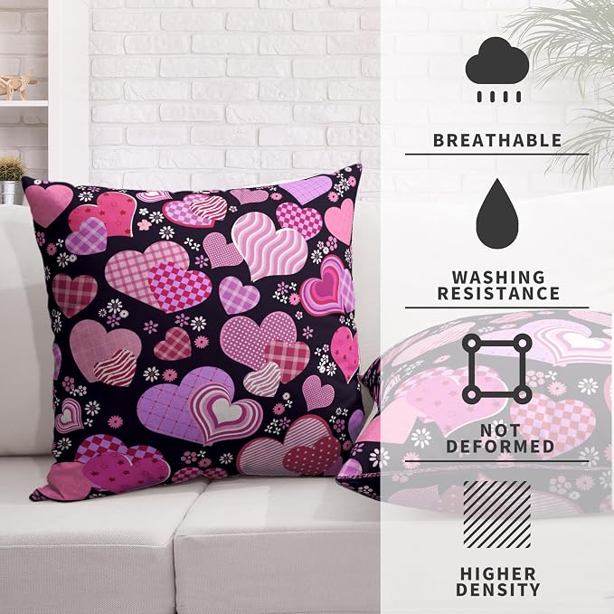 Valentines Pillow Covers 24x24 Pack of 2 Pink Purple Hearts Flowers Throw Pillow Covers Valentines Day Pink and Black Cushion Case Cotton Linen Pillowcase for Couch Sofa Patio