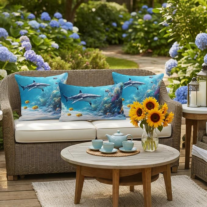 JasmineM Outdoor Pillow Cover Set of 2 Ocean Shark Waterproof Throw Pillow Covers Underwater Decorative Pillowcases Garden Cushion Case for Patio Couch Sofa 20x20 Inch